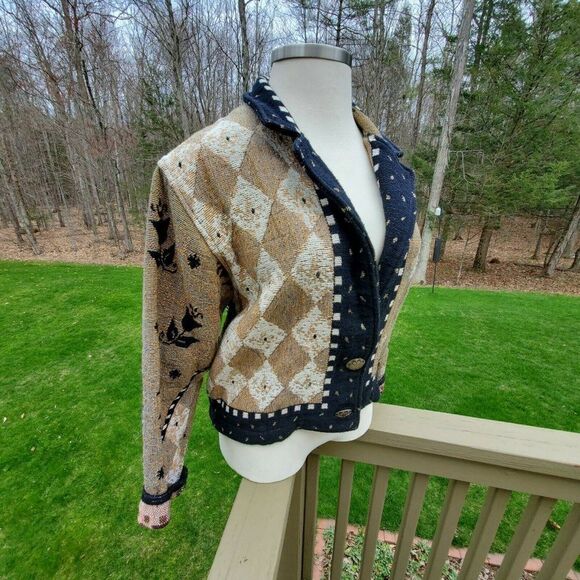 Vtg Painted Pony Women Tapestry Jacket Small Medium Black Tan White Flower Coat - Picture 6 of 11